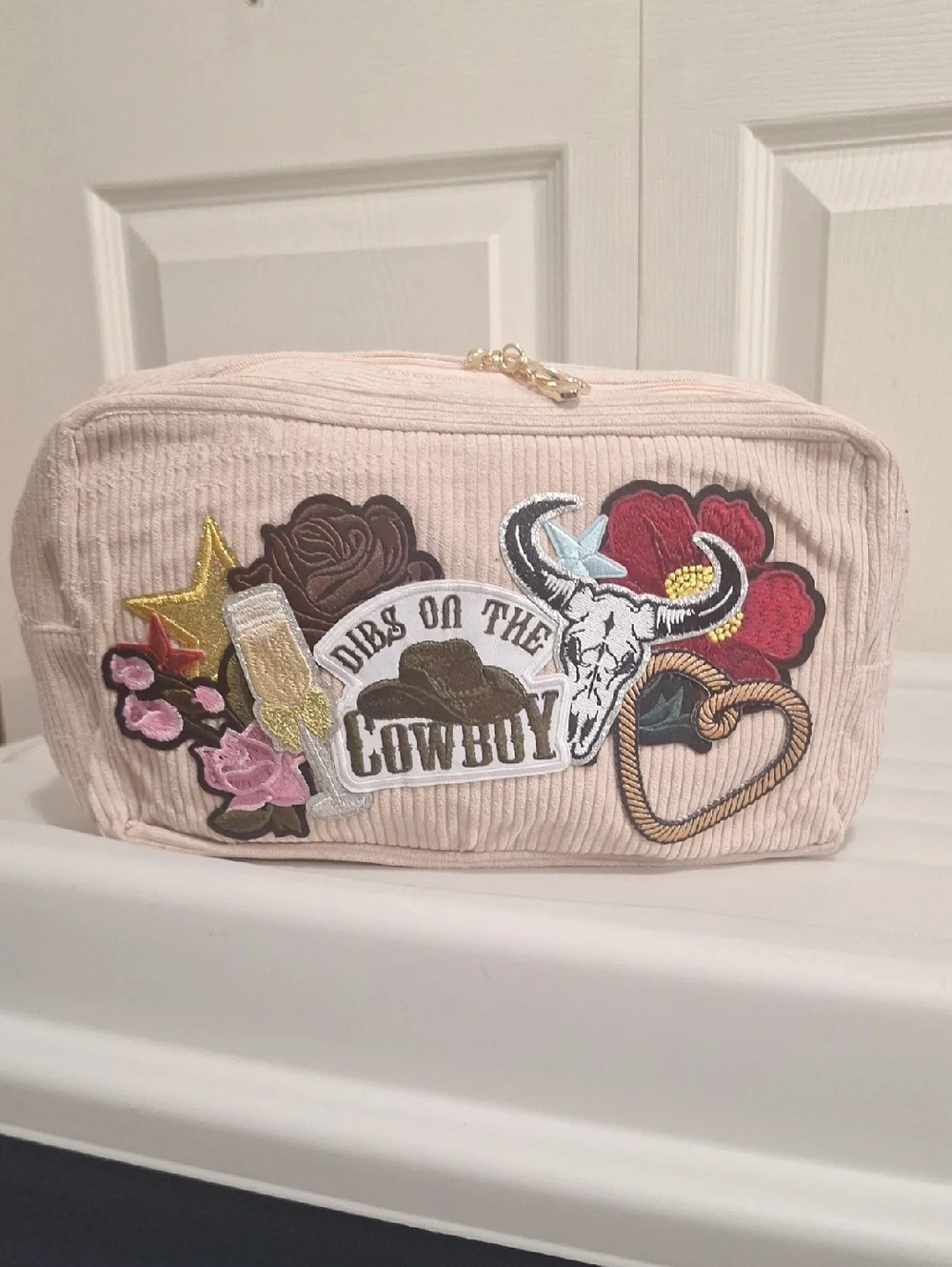 Blush Pink Embroidered Corduroy Zip Cosmetic Bag - 